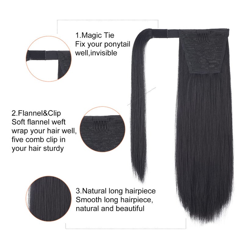 SEIKEA Clip in Ponytail Extension Wrap Around Straight Hair for Women (16'', Black) - Image 4